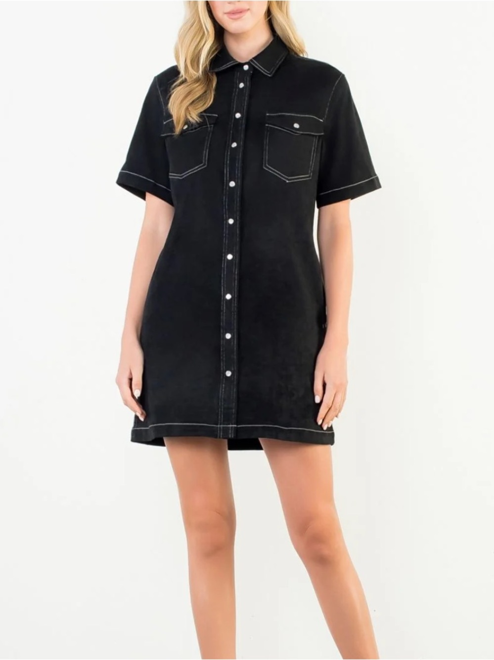 THML Black Short-Sleeve Button-Front Shirt Dress size M